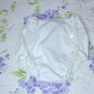 Sarah Louise button on all purpose bloomers with heirloom lace and embroidery.